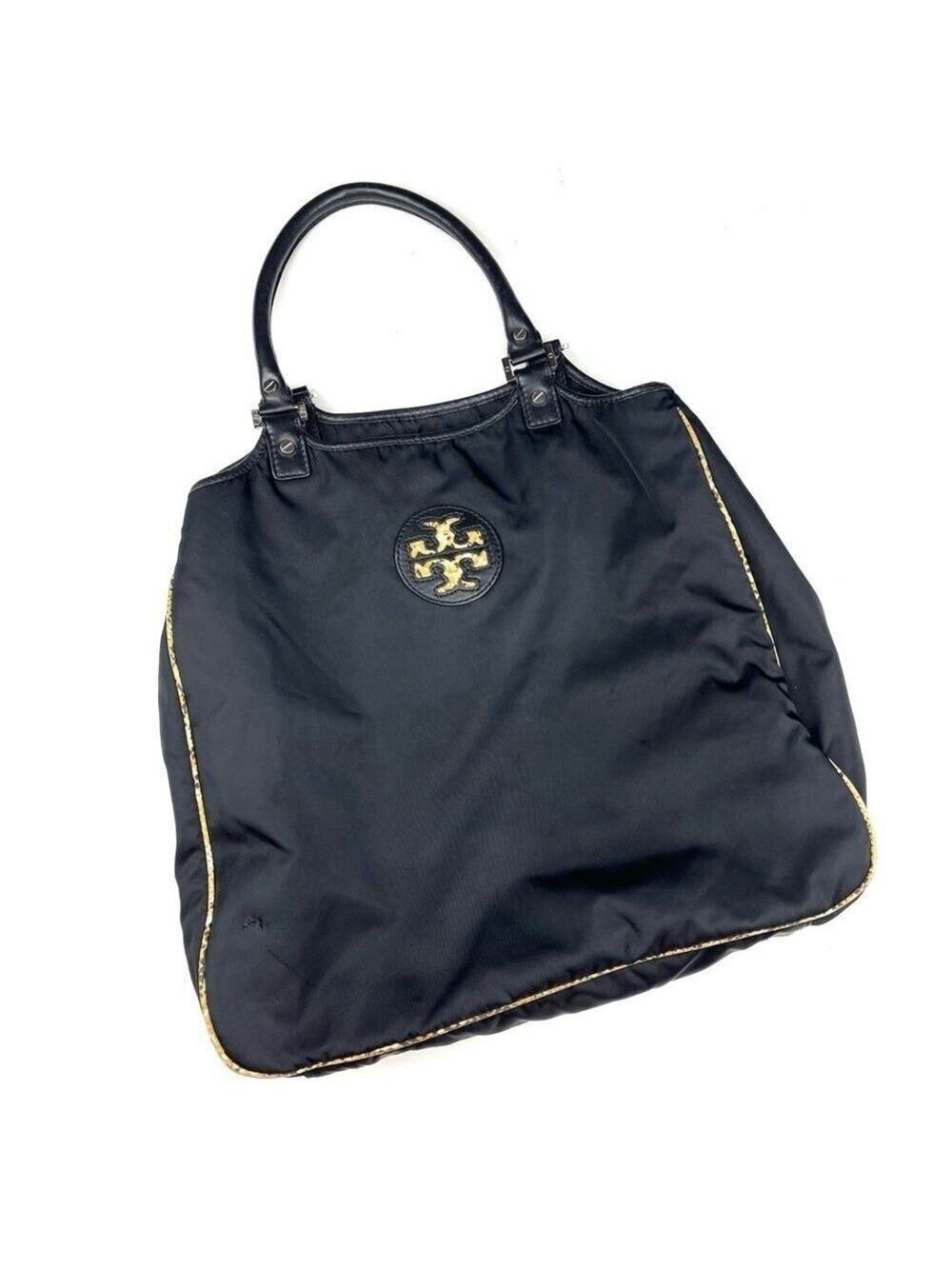 Tory Burch Black Nylon Leather Handle Large Tote Bag